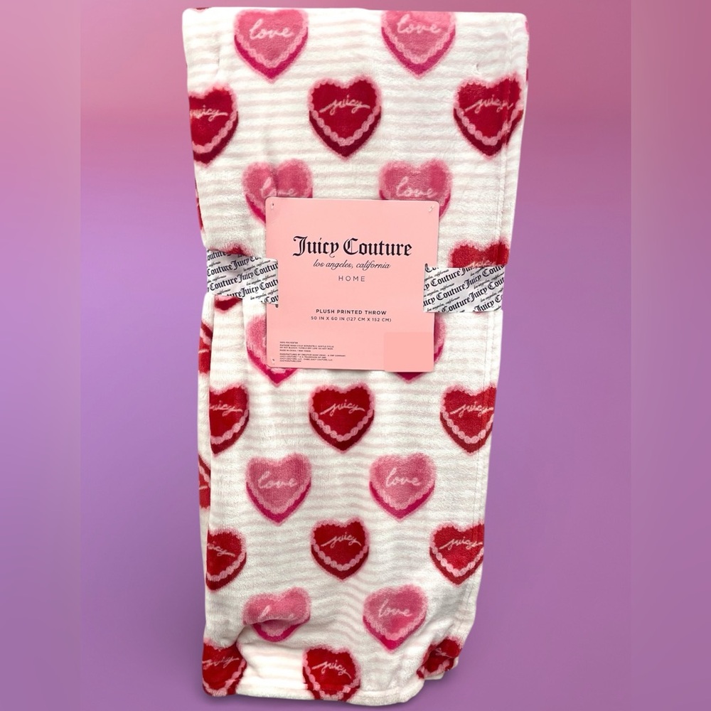 Juicy Couture Plush Throw Pink Red White w/ Hearts Love 50x60 NEW NWT